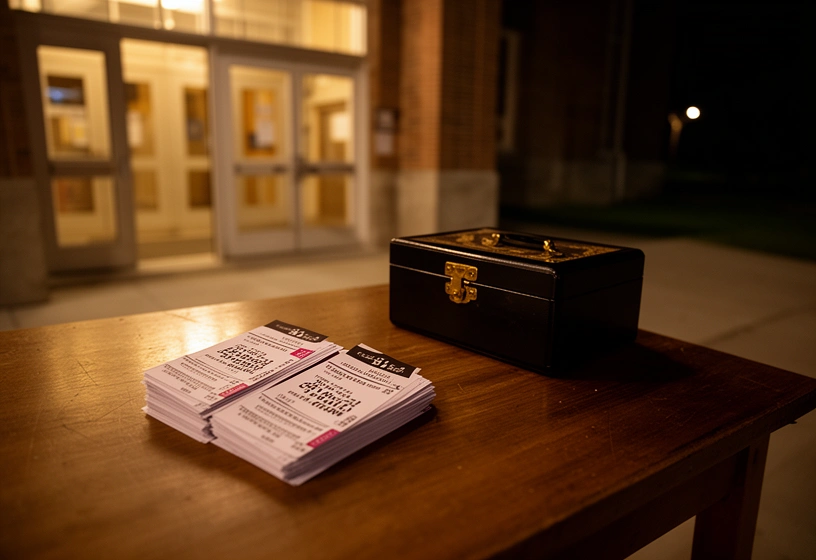 Entradas de papel y una caja sobre una mesa de madera a la entrada de la escuela