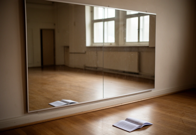 Espejo grande de la sala vacía reflejando el piso de madera