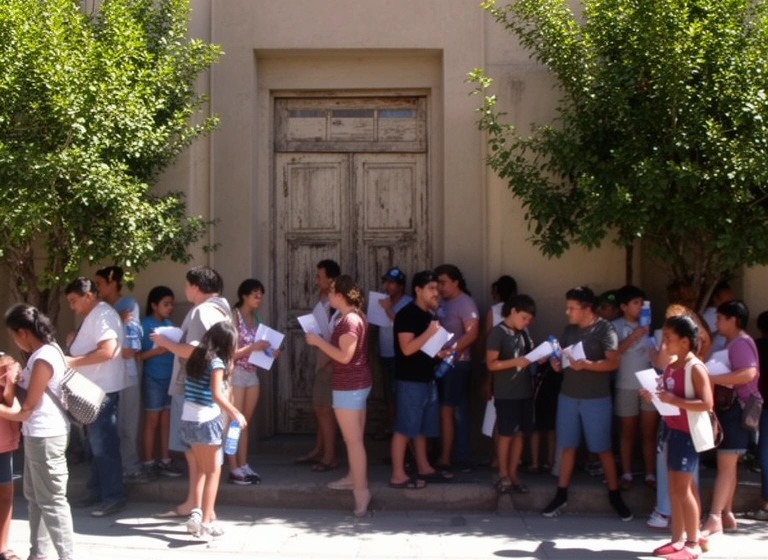 Fila en la vereda frente a la puerta de la escuela una mañana de febrero